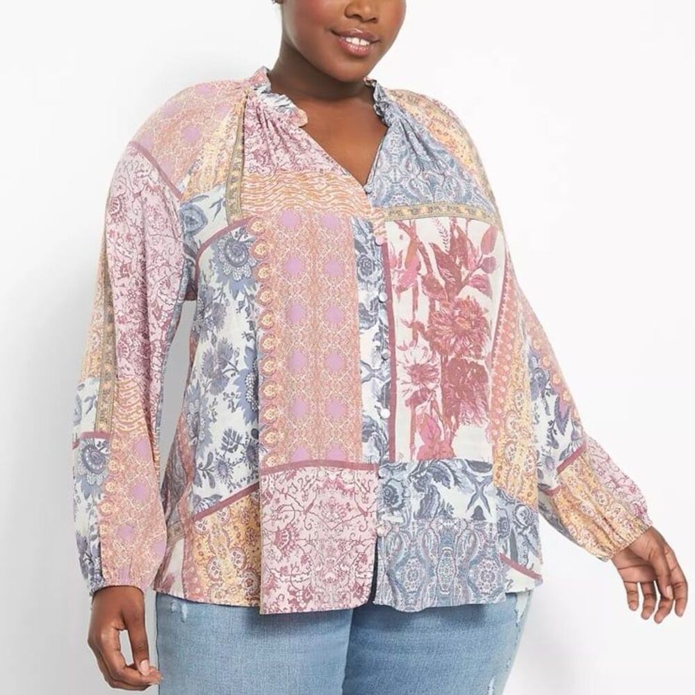 Lane Bryant Classic Long Sleeve Ruffle Split linen look blouse
